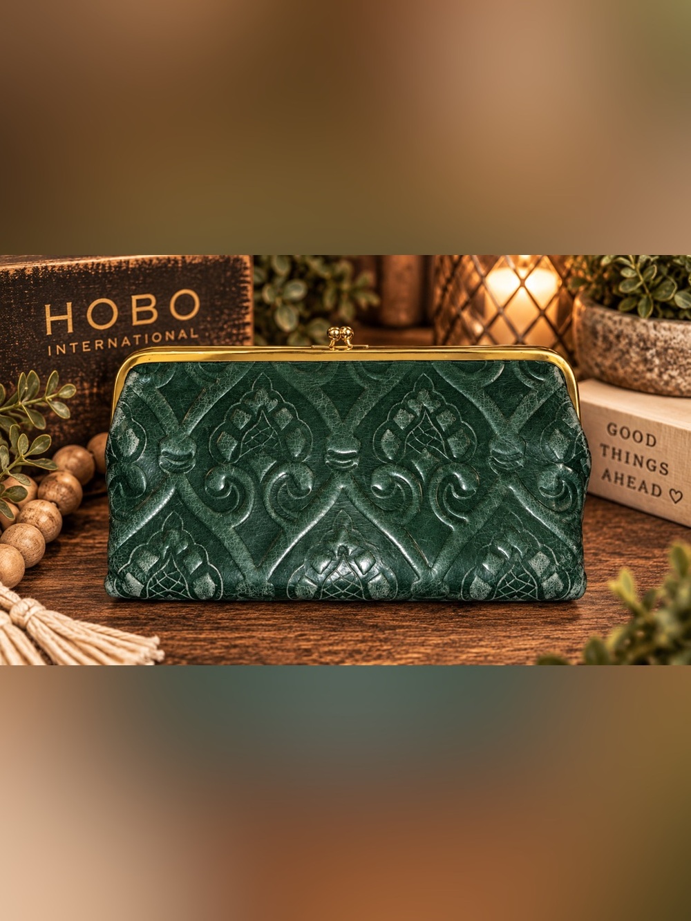 HOBO International Forest Green Embossed Leather Frame Wallet Clutch